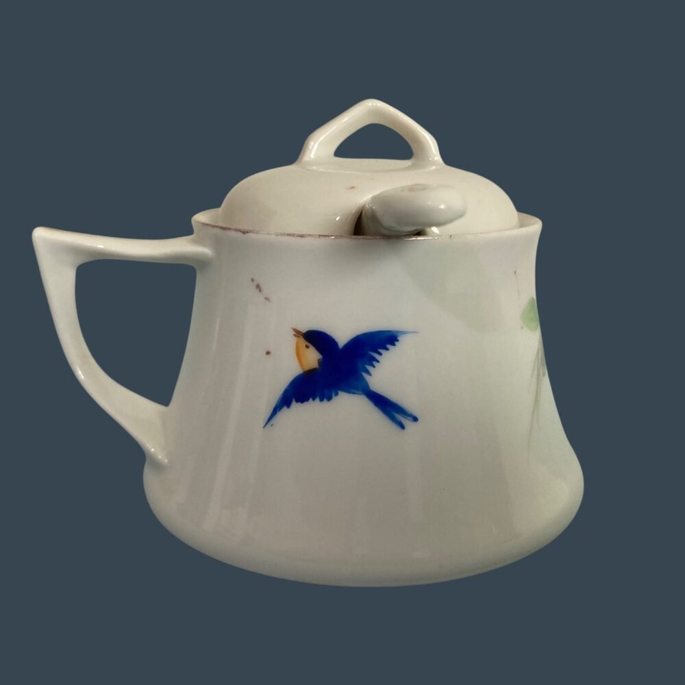 Antique Nippon Meito China Miniature Blue Bird Sugar Bowl With Spoon